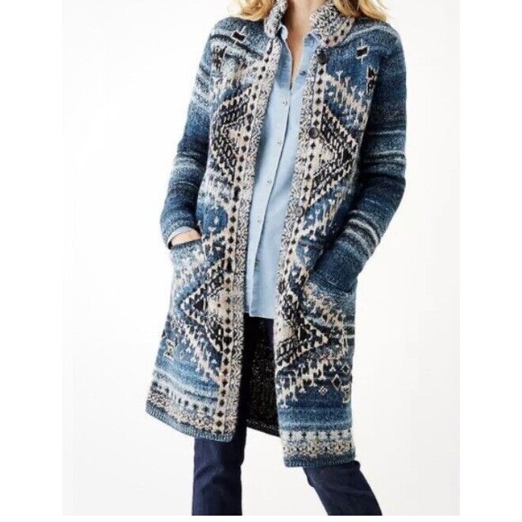 J Jill Southwestern Duster Long Sweater Cardigan Topper Coat Small Wool Blend - Picture 1 of 12